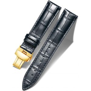Bracelet De Montre En Cuir Femme Homme 14 Mm Bracelet De Remplacement Avec Boucle De Déploiement Papillon - Noir-Boucle D'or - Neuf