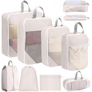 Packing Cubes Compression, 8 Pi&egrave;ces Extensible Packing Cubes De Voyage Pour Sac &Agrave; Dos, Ultral&eacute;ger Organisateur De Voyage Pour Bagage &Agrave; Main (Beige) - Neuf