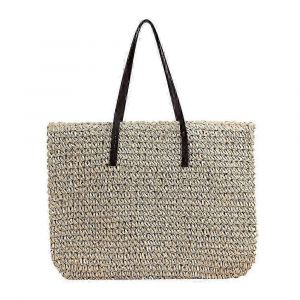 Sac cabas en paille tressée pour femme, grande capacité, anses en PU et fermeture éclair, style plage d'été chic - Neuf