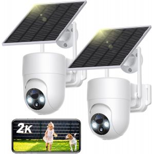 JEXNOVASHOP-2K Cam&eacute;ra Surveillance WiFi Exterieure sans Fil, 360&deg; PTZ Cam&eacute;ra Ext&eacute;rieur sans Fil Batterie sur Panneau Solaire, 2,4 GHz, Vision Nocturne Couleur, D&eacute;tection PIR, Audio Bidirectionnel, 2 - Neuf