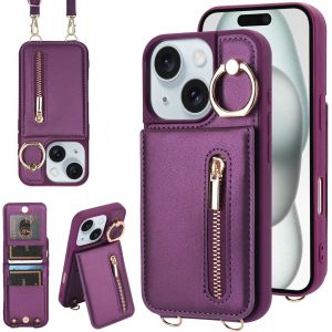 Maa-Coque Pour Iphone 12/12 Pro Coque Etui Avec Sangle Réglable Portefeuille En Cuir Anti-Rfid Pochette Magnétique Flip Case Étui Cover Housse Protection Avec Anneau-Violet Fonce - Neuf