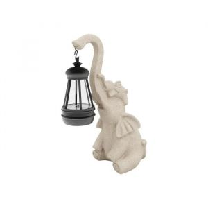 Figurine de Jardin &Eacute;l&eacute;phant avec Lampe Solaire Sculpture Ext&eacute;rieure en R&eacute;sine Beige &Eacute;clairage LED &Eacute;tanche D&eacute;coration Terrasse - Neuf