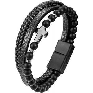 Eryi-Bracelet Homme, Bracelet Cuir Croix Homme, Bracelet Pierre Acier Inoxydable, Bracelet Pierre Naturelle Homme, Cadeau Du Père Hommes, Bracelet Noir Brun - Neuf