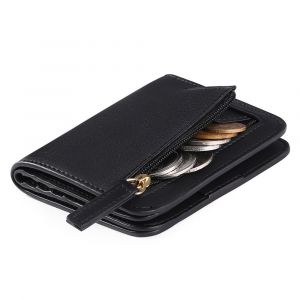 Portefeuille compact en cuir noir pour femme, blocage RFID, &agrave; deux volets, avec poche zipp&eacute;e pour pi&egrave;ces de monnaie et fen&ecirc;tre pour carte d'identit&eacute;. - Neuf