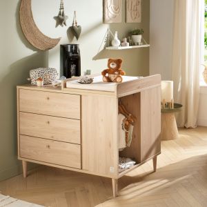 Commode-&icirc;lot b&eacute;b&eacute; avec plan &agrave; langer d&eacute;cor bois ch&ecirc;ne suave avec rangements 3 faces - roulettes incluses - Neuf
