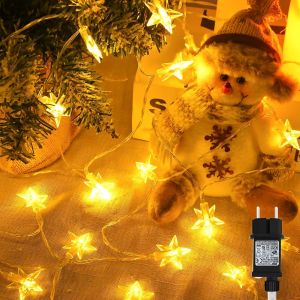 Kal-Guirlande Lumineuse Étoilée D'extérieur - 15 M - 100 Led - 5 Branches - Avec Prise - 8 Modes - Minuterie - Étanche Ip65 - Pour Noël, Jardin, Intérieur Et Extérieur - Blanc Chaud - Neuf
