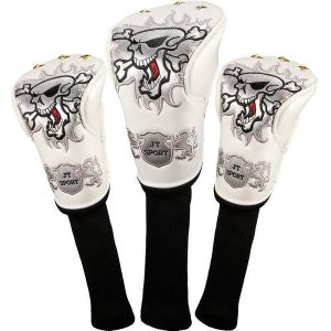 Ensemble De Couvre-Clubs De Golf Élégants En Cuir Avec Tête De Mort Brodée : Protection Durable Et Style Unique Pour Votre Jeu De Golf - Neuf