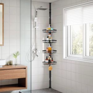 Étagère Salle de Bain Télescopique Etagère de Douche d'angle Sans Perçage, Etagères de Rangement de Salle de Bain avec 4 Paniers pour Salle de Bain, Réglable en Hauteur 73 à 302cm(Noir) - Neuf