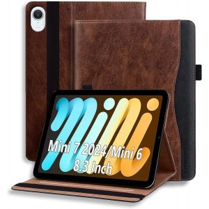 Coque Pour Ipad Mini 7 (A17 Pro 2024 7ème Génération) /Mini 6 2021 6ème Génération 8.3 Pouces Étui Tablette Avec Pochette Et Support Housse De Protection En Cuir Pu Marron - Neuf