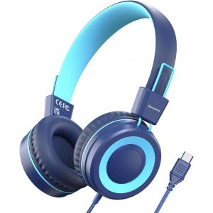 LORANKA-Casque USB de Type C pour Enfants, pour l'&eacute;cole, Volume s&ucirc;r &agrave; 94 DB, Son st&eacute;r&eacute;o HD, Casque Supra-auriculaire Pliable et l&eacute;ger pour gar&ccedil;ons/Filles/&eacute;tudiants/Tablette/Voyage -Bleu - Neuf