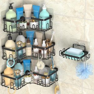 &Eacute;tag&egrave;re de Salle de Bain adh&eacute;sive d'angle avec 20 Crochets, Lot de 4 organiseurs de Douche en Acier Inoxydable pour Savon et shampoing, Support de Douche Mural sans per&ccedil;age - Neuf