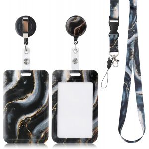 Porte Badge Avec Cordon, Avec Clip De Mousqueton De Bobine De Badge R&eacute;tractable Et Sangle De Longe D&eacute;tachable, Pour Porte Badges D'identification, Cl&eacute;s Pour Bureaux, Conf&eacute;rences (Noir) - Neuf