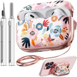 ELVORIX-Coque rigide pour AirPods Pro 2e g&eacute;n&eacute;ration, avec verrouillage, motif fleurs mignonnes pour iPod Pro 2, femmes et filles avec kit de nettoyage pour coques AirPod Pro (USB-C 2023/2022/2019 - Neuf