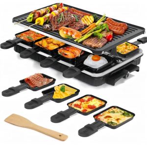 SUBZONAL-appareil a raclette, appareil raclette 8 personnes, avec 1 grille à raclette réversible antiadhésive et 8 mini poêlons à raclette en fromage et 1 spatule en bois, pour le barbecue en intérie - Neuf