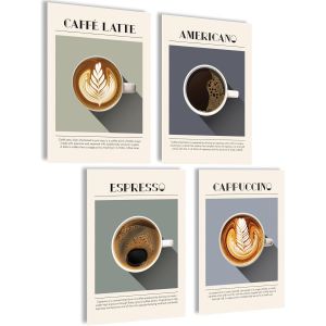 FEW-Poster de café, images de café, tableaux muraux, tableaux muraux, pour cuisine, café, décoration vintage, cadeaux (haut de café, 4 x A4, sans cadre) - Neuf