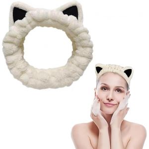 Bandeau De Maquillage Pour Le Lavage Du Visage, Bandeau &Eacute;lastique Absorbant Avec Noeud Pour Le Lavage Du Visage, En Polaire Corail Douce Pour Femmes Et Filles (Blanc Cass&eacute;) - Neuf