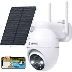 2K Wireless 360° Ptz Outdoor Wifi Surveillance Camera Solar Battery 2.4 Ghz, Night Vision Colour, Pir Detection, Two-Way Audio (White) - Neuf