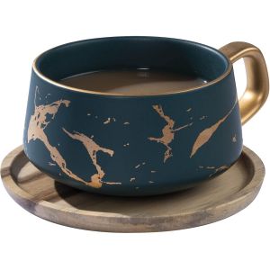 Tasses À Cappuccino Avec Soucoupe,Tasse En Marbre,300 Ml,En Porcelaine,Pour Thé,Café,Cappuccino,Tasses À Café Avec Disque En Bois (Vert) - Neuf