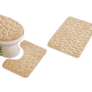 Ensemble de tapis de bain 3 pi&egrave;ces avec motif galets et support en mousse - Neuf