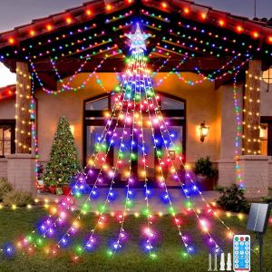 KAL-Guirlande Lumineuse Solaire Pour Sapin De Noël, 2M X 9 Brins 198Led Guirlande Lumineuse Avec Étoile & 8 Modes, Télécommande, Étanche Lumineux Sapin De Noel Pour Jardin, Fête De Mariage - Neuf
