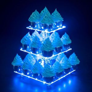 3 Etages Présentoir Cupcake,Support À Cupcakes Avec Guirlande Lumineuse À Led Bleu,Presentoir Gateau Carré Pour Anniversaire,Mariage,Remise De Diplômes,Anniversaire,Décoration De Fêtee - Neuf