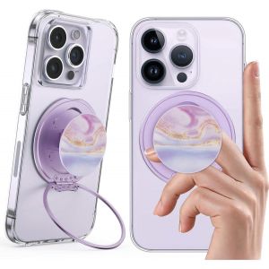 SJZG-Anneau Magn&eacute;tique Fin Pour T&eacute;l&eacute;phone, B&eacute;quille Ultra Fine Compatible Avec Boucle De Doigt, Anneau De Support Pour T&eacute;l&eacute;phone Mag Safe Iphone 16/15/14/13/12 (Marbre Violet) - Neuf