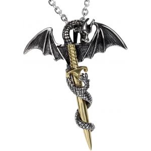 Trahoo-Collier Homme Dragon Chauve-Souris Epée,Punk Rock Pendentif En Acier Inoxydable Avec Chaîne De 55cm,Rétro Bijoux Fantaisie Pour Homme(Argent Doré) - Neuf