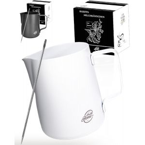 Pichet &agrave; Lait Inox 600ml, Mousseur &agrave; Lait pour Cappuccino et Espresso, Blanc, Pot &agrave; Lait en Acier Inoxydable (aussi 350ml), Inclus un Stylo pour Latte Art et une Bo&icirc;te Cadeau - Neuf