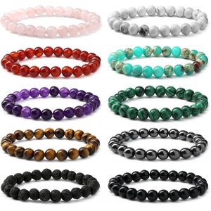 10 Pièces Bracelet Pierre Naturelle Pour Femmes Hommes - Perle Quartz Rose Amethyste Agate Rouge Noir Onyx Hématite Oeil De Tigre - Couples Stretch - Neuf