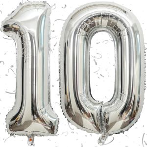 SJZG-Lot De 10 Ballons En Aluminium Argent&eacute; - 101,6 Cm - D&eacute;corations De F&ecirc;te &Agrave; L'H&eacute;lium - Ballons Num&eacute;riques En Mylar - D&eacute;corations Pour 10&Egrave;me Anniversaire - Pour Gar&ccedil;ons Ou Filles (Num&eacute;ro 10) - Neuf