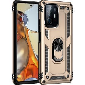 Kal-Coque Pour Xiaomi 11t/11t Pro + Protecteur D'écran, Double Couche Hybride Ultra Armure Housse Étui De Protection Antichoc Armor Bumper Cover Avec Stand, Or - Neuf