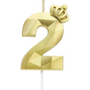 Eryi-Bougie Numéro 2, Grande Bougie D'anniversaire De 7,6 Cm Avec Couronne 3d Exquise Conçue Pour Décorations De Gâteau Pour Anniversaire De Mariage,Réunions D'anniversaire (Or-2) - Neuf