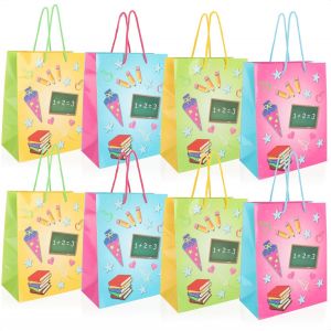 8x sac cadeau, emballage cadeau pour les d&eacute;butants &agrave; l'&eacute;cole, cartable carr&eacute; avec poign&eacute;es, sac en carton pliable pour l'inscription &agrave; l'&eacute;cole (8 pi&egrave;ces - 4 couleurs) - Neuf