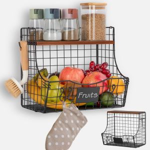 Cmwx-Corbeille A Fruit, Panier A Fruits L&eacute;gumes Empilable En M&eacute;tal Pour Cuisine Avec Crochets Et Planche De Bois, Fruit Basket Panier Mural Pour Rangement Legumes Et Fruits(1 Pi&egrave;ces,Noir) - Neuf