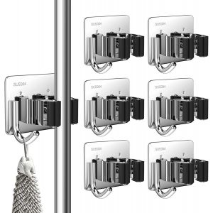 4pcs Porte-Balais Mural sans Percer ou Fixation avec Vis, Auto-Adhésif Accroche Balai Mural en Acier Inox, Support Balais Mural avec Crochet pour Cuisine, Salle de Bain, Garage, Jardin, Noir - Neuf