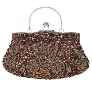 Vintage Sac de Soir&eacute;e des Femmes d'Embrayage avec la Poign&eacute;e en M&eacute;tal et de Minuscules Perles de Verre, Profondeur de Couleur de Caf&eacute;, la Taille de la Partie Sac &agrave; main - Neuf