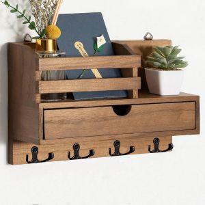 NouvelHorizonstore-Porte-Cl&iquest;&iquest;s Mural, Porte Courrier Mural avec 4 Crochets Doubles et Tiroir de Rangement, Etag&iquest;&iquest;re Murale pour Porte-cl&iquest;&iquest;s pour Salon, Couloir, Bureau - Marron - Neuf