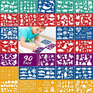 MEVRONISSHOP-30pcs Pochoir de Dessin Color&eacute; pour enfants, animaux sir&egrave;ne dinosaure requin lettre mod&egrave;les de peinture pour gar&ccedil;ons filles anniversaire cadeaux de no&euml;l tout-petits outil de peinture pr&eacute; - Neuf