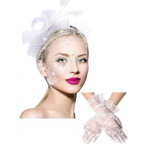Bowknot Fascinat Chapeau Plumes Voile Mesh Bandeau Et Dentelle Courte Gants Floral Dentelle Gants - Neuf