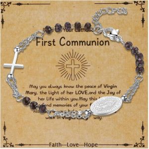 Eryi-Bracelet Femme Perles Catholiques: Bracelet Acier Inoxydable Avec Croix Et Médaille Vierge Marie Gourmette Perles Strass Avec Carte First Communion - Cadeau Première Communion - Neuf