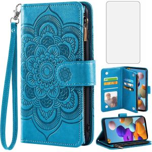 SJZG-Coque Pour Samsung Galaxy A21S Portefeuille Avec Verre Tremp&eacute; Et Porte Carte Chaine Pu Cuir &Agrave; Clapet Mandala &Eacute;tui Housse Support &Agrave; A 21S Fleur Vitre Protection Etui T&eacute;l&eacute;phone Case Femme Bleu - Neuf