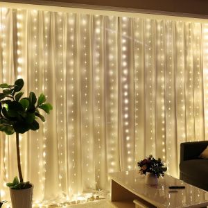 KAL-Guirlande Lumineuse Blanc Chaud, Rideau Lumineux 300 Led 3M*3M8 Modes D'Eclairage Usb Télécommande Guirlande Avec Minuterie Pour Salle, Fenêtre, Mariage, Fête, Noël - Neuf
