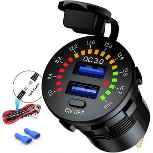 Chargeur De Voiture Quick Charge 3.0,Étanche 36w,Double Usb Qc3.0,Prise De Courant Avec Voltmètre,Interrupteur Et Fusible 10a Intégré Pour Les Véhicules 12v/24v - Neuf