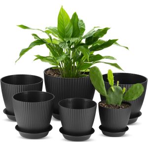 ERYI-Lot De 6 Pots De Fleurs Interieur, Pots De Fleurs En Plastique Avec Soucoupe Et Trous De Rainage Pour Int&eacute;rieur Et Ext&eacute;rieur, Balcon, Jardin, Pot Plante 17,5/15,5/14/12,5/11,5/10 Cm, Noir - Neuf