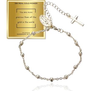 Eryi-Bracelet À Maillons Plaqué Or 18k/Platine Avec Croix Chapelet Italien Et Perles,Bracelet En Argent Sterling Pour Femmes,Longueur Ajustable,Cadeau Catholique Pour Maman,Fille,Amies,Épouse - Neuf