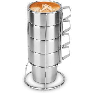 ERYI-Lot De 4 Tasses En Acier Inoxydable De 300Ml, Tasse A Cafe, Mug Inox, 300 Ml Tasse À Café, Tasse À Café Double Paroi Tasse À Boire En Métal Empilables Avec Support Pour Camping Extérieur Partie - Neuf