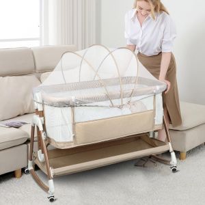 Lit Cododo Bébé Avec Matelas, Hauteur Réglable À 6 Niveaux, Lit D'appoint Bebe Evolutif À Roulettes, Lit De Voyage Pliable, Panier De Rangement, 0-2 Ans-80 * 40 * 100-115 Cm-Blanc Cassé - Neuf