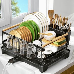 Jexnovashop-Egoutoire Vaisselle Cuisine Noir, &Eacute;gouttoir Vaisselle Inox Avec Porte-Ustensiles Et Bec D'&eacute;gouttage Pivotant, Installation Sans Outil, Rangement Et Organisation De Cuisine - Neuf