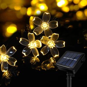 TRAHOO-Guirlande Lumineuse Exterieur Solaire, LED Imperm&eacute;able Lumi&egrave;res Fleur 40 LED, &Eacute;tanche 8 Modes Guirlande Lumineuse Ext&eacute;rieure pour Jardin Patio Balcon F&ecirc;te Mariage Patio No&euml;l (Blanc Chaud) - Neuf