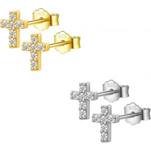 Senior-2 Paires Croix Boucles D'oreilles En Argent 925 Pour Femme Homme Fille Clous D'oreilles Femme Or Boucles D'oreilles Croix Femme Boucles D'oreilles Femme Boucles D Oreilles Argent Zirconium[L1562] - Neuf